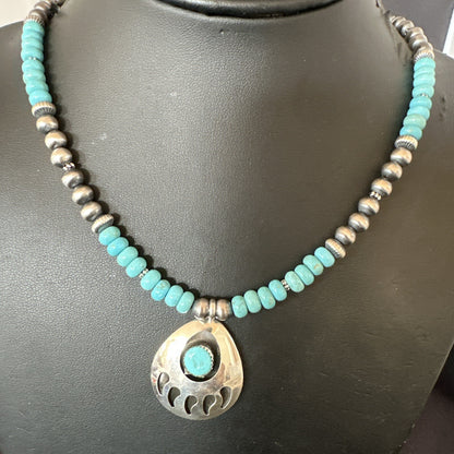 Mens Blue Turquoise BearPaw Pendant Navajo Pearls Sterling Silver Necklace 17880