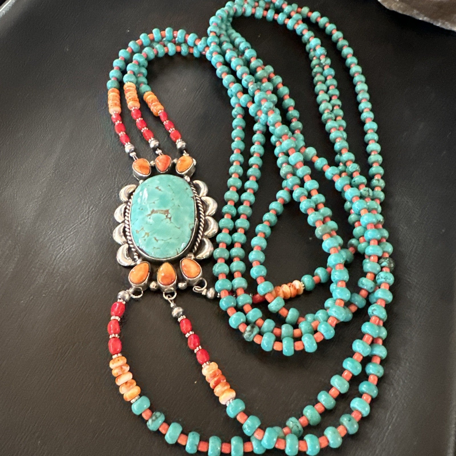 XL Statement Green Turquoise Spiny Navajo 3S Sterling Silver Necklace 34” 19676