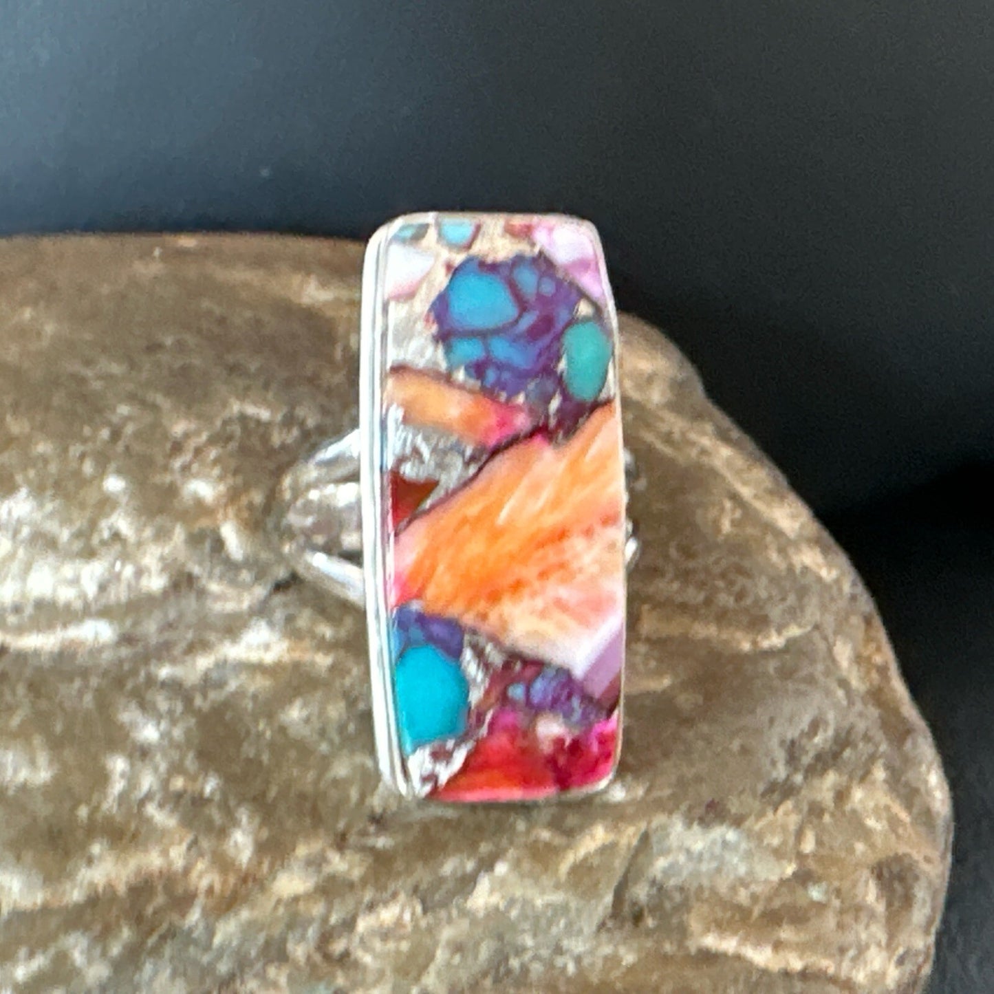 Blue Turquoise Orange Spiny Oyster Navajo Sterling Silver Ring Size 8 18219