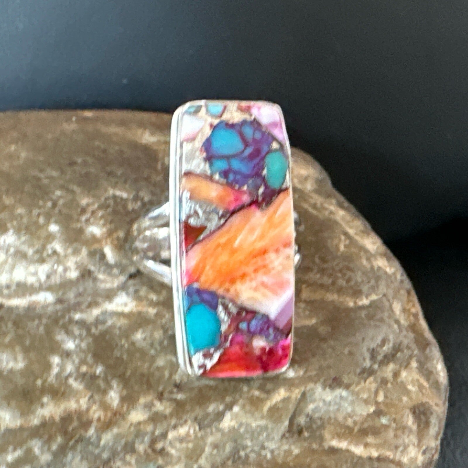 Blue Turquoise Orange Spiny Oyster Navajo Sterling Silver Ring Size 8 18219