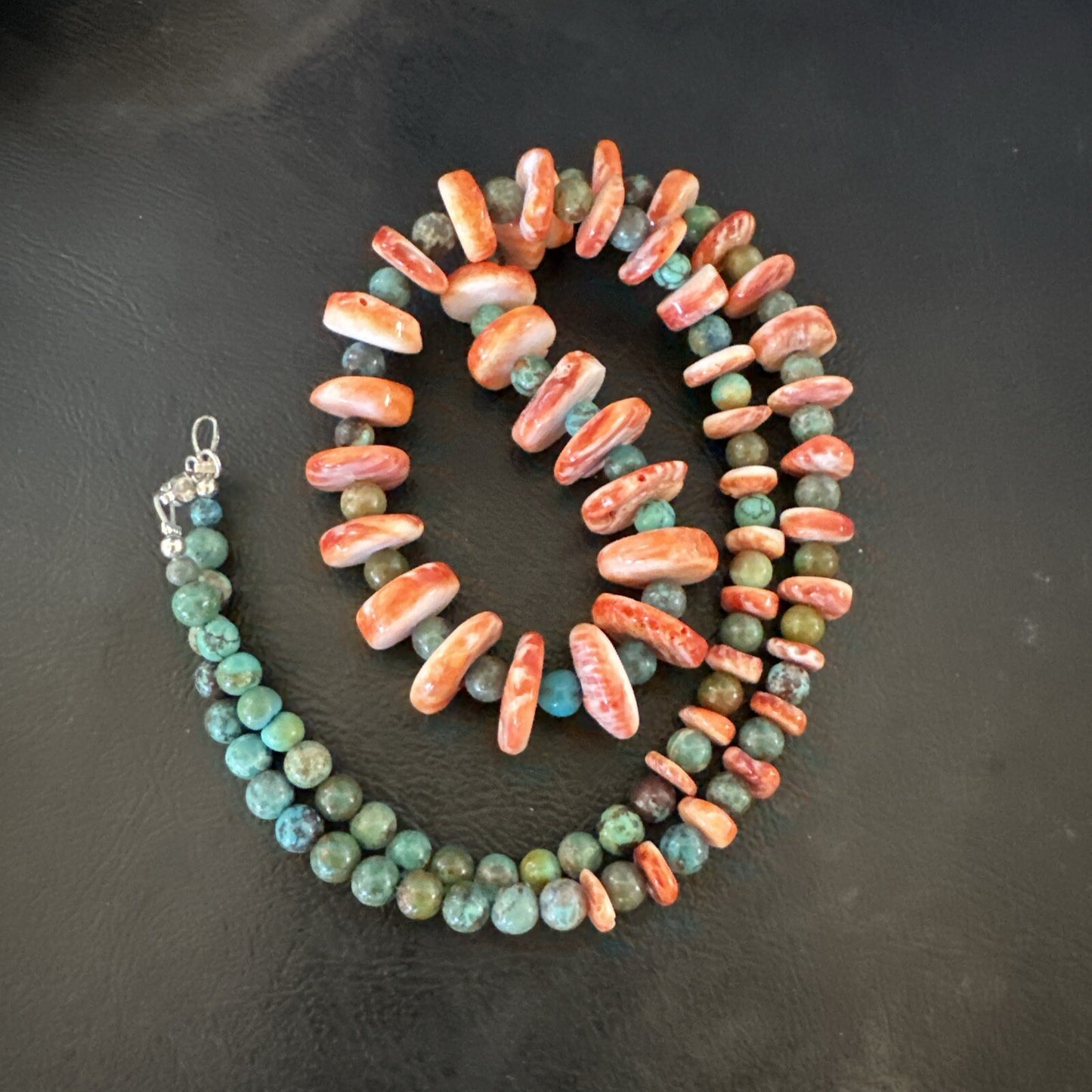 Red Spiny Oyster Green Turquoise 23” Long Navajo Sterling Silver Necklace 17762