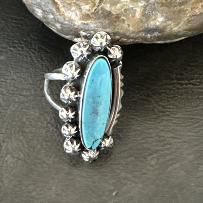 Blue Kingman Turquoise Native American Navajo Sterling Silver Ring Size 8 18634