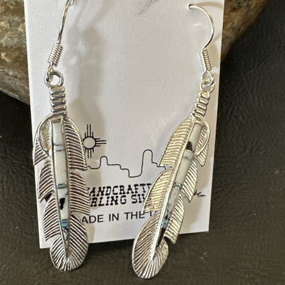 White Buffalo Turquoise Opal Sterling Silver Handmade Feather Earrings 18697