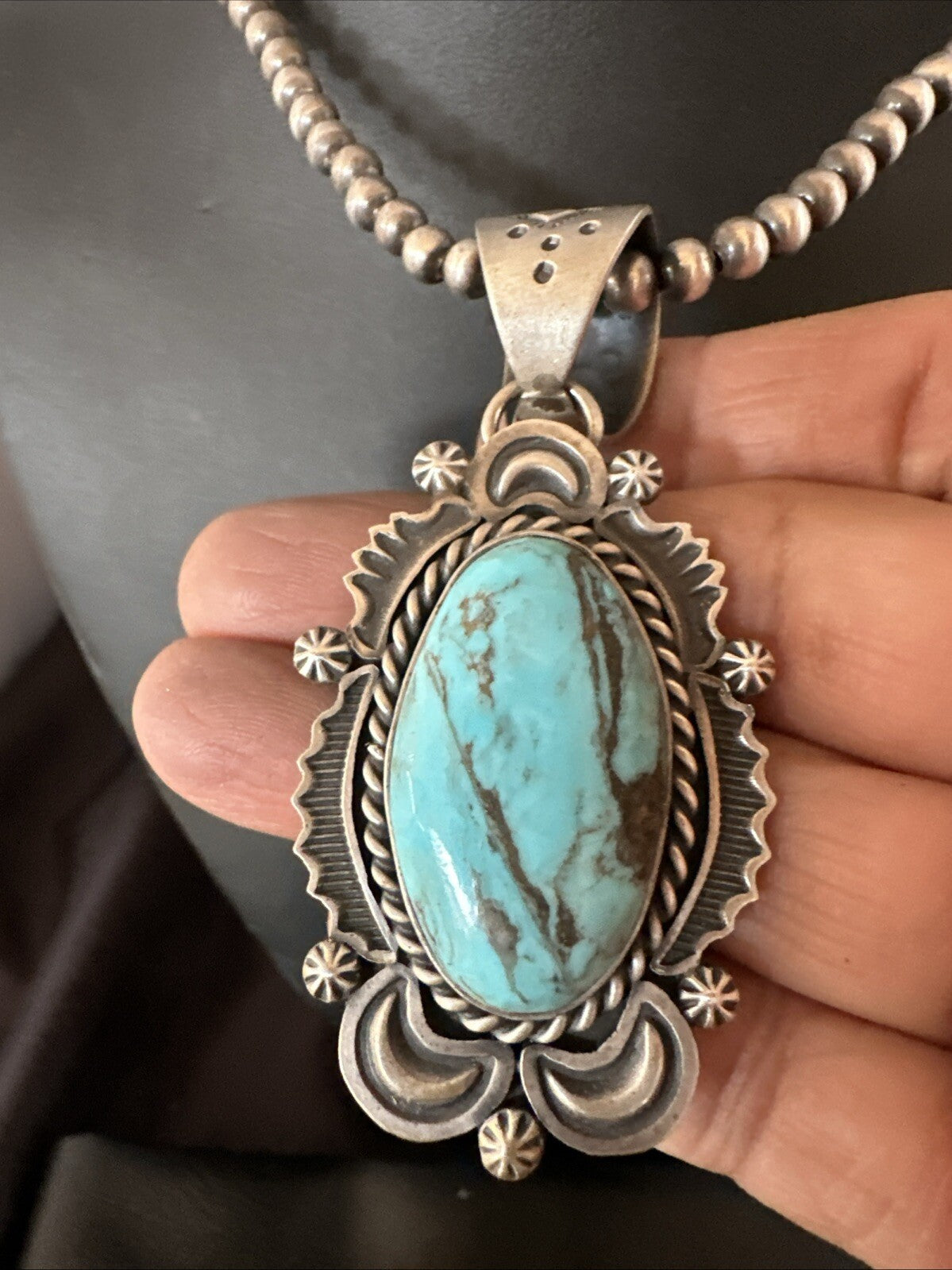Mens Womens Blue Turquoise Pendant Sterling Silver Beads Sterling Necklace 18649