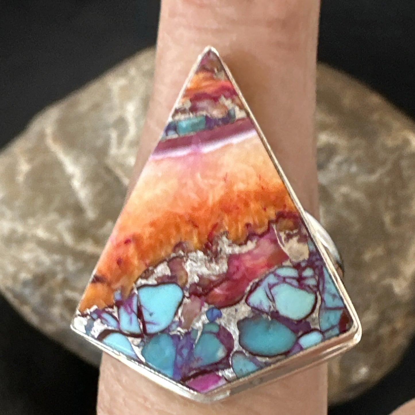 Blue Turquoise Spiny Oyster Southwestern Sterling Silver Ring Size 9 18463