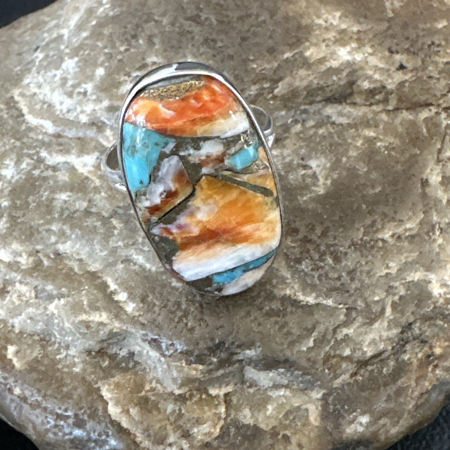 Blue Turquoise Spiny Oyster Navajo Sterling Silver Ring Size 8 18252