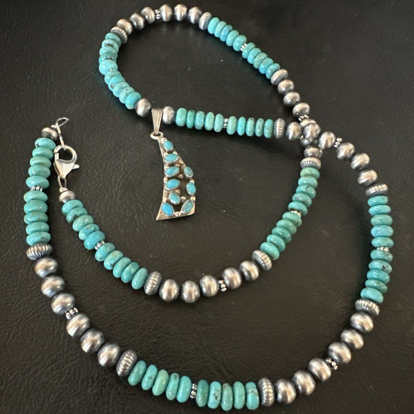 Mens Blue Turquoise Cluster Pendant Navajo Pearls Sterling Silver Necklace 17895