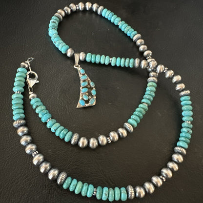Mens Blue Turquoise Cluster Pendant Navajo Pearls Sterling Silver Necklace 17895