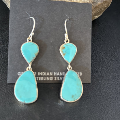 Blue Kingman Turquoise Navajo Sterling Silver Dangle 1.5" Earrings 14576