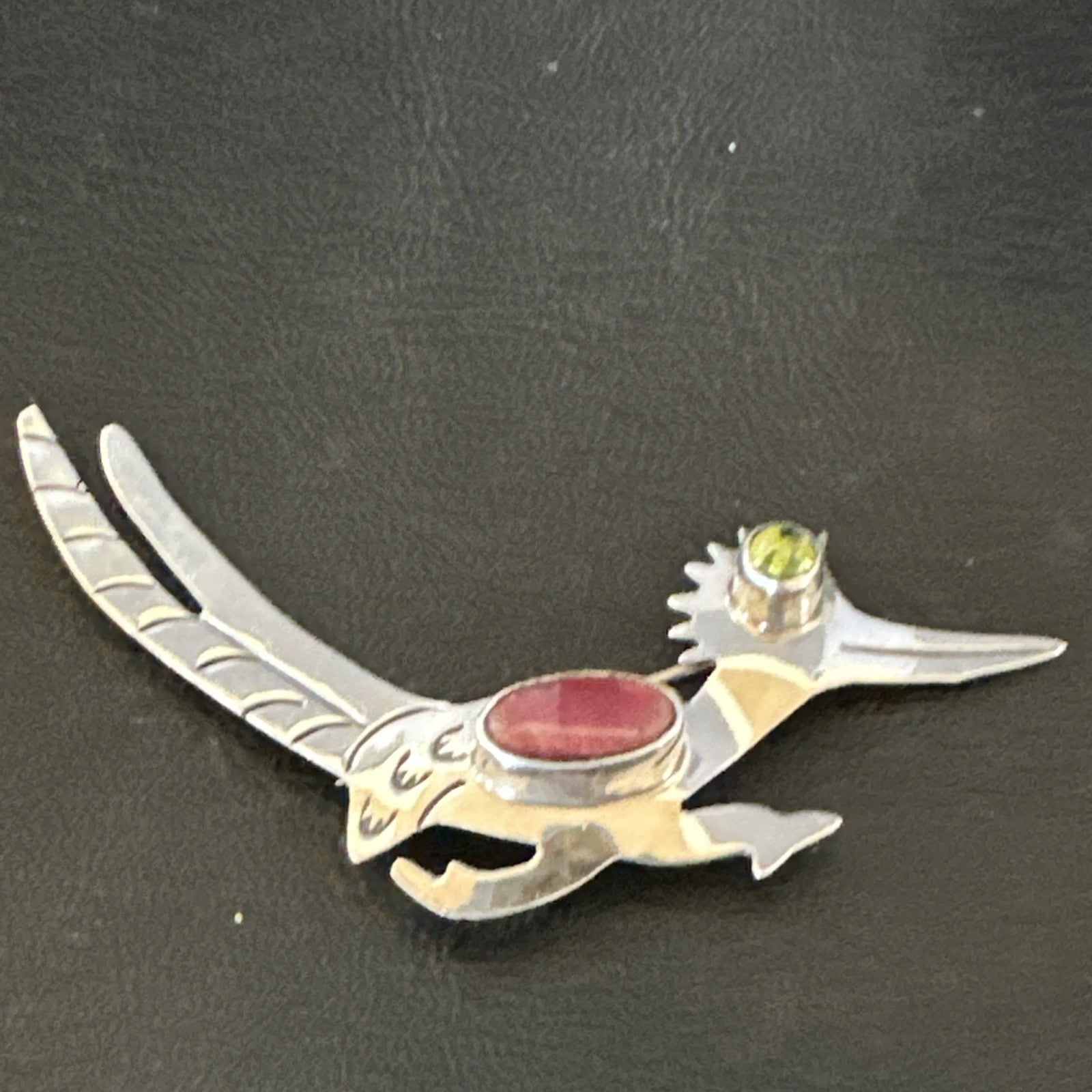 Road Runner Spiny Peridot Navajo Sterling Silver Stamped Pin Brooch 3” 19089