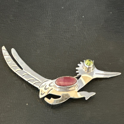 Road Runner Spiny Peridot Navajo Sterling Silver Stamped Pin Brooch 3” 19089