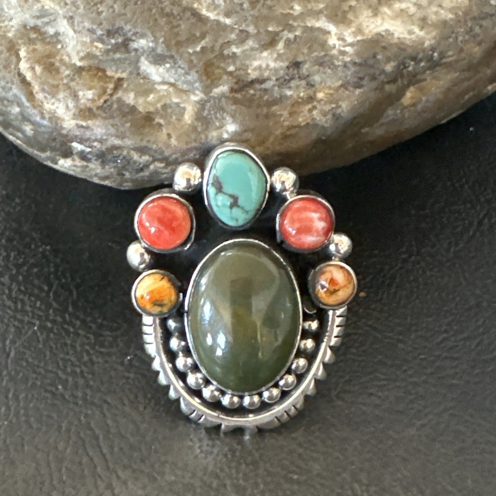 Cluster Blue Turquoise Spiny Oyster Sterling Silver Ring Size 8 18567