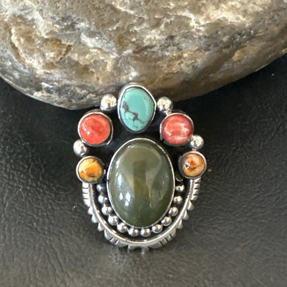 Cluster Blue Turquoise Spiny Oyster Sterling Silver Ring Size 8 18567