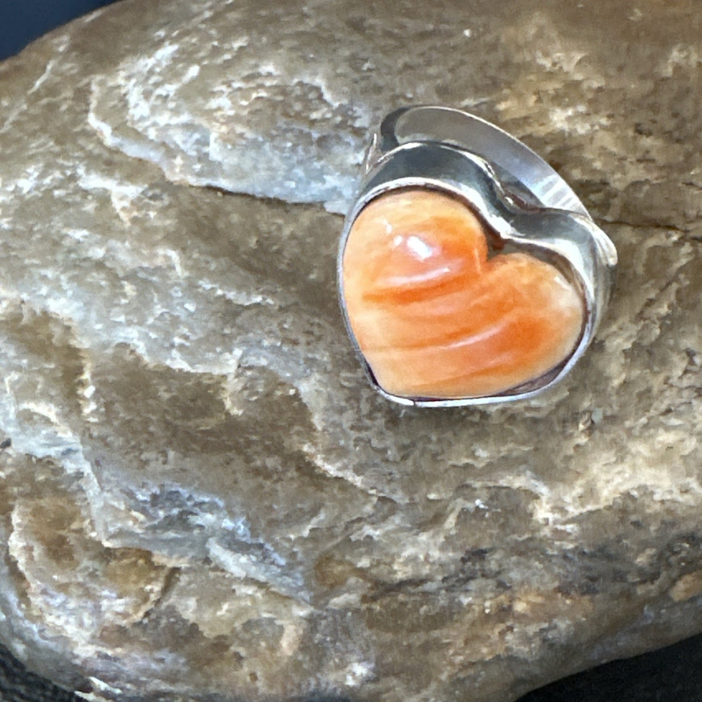 Orange Heart Ring Handmade Navajo Spiny Oyster Sterling Silver Sz 7.5 19331