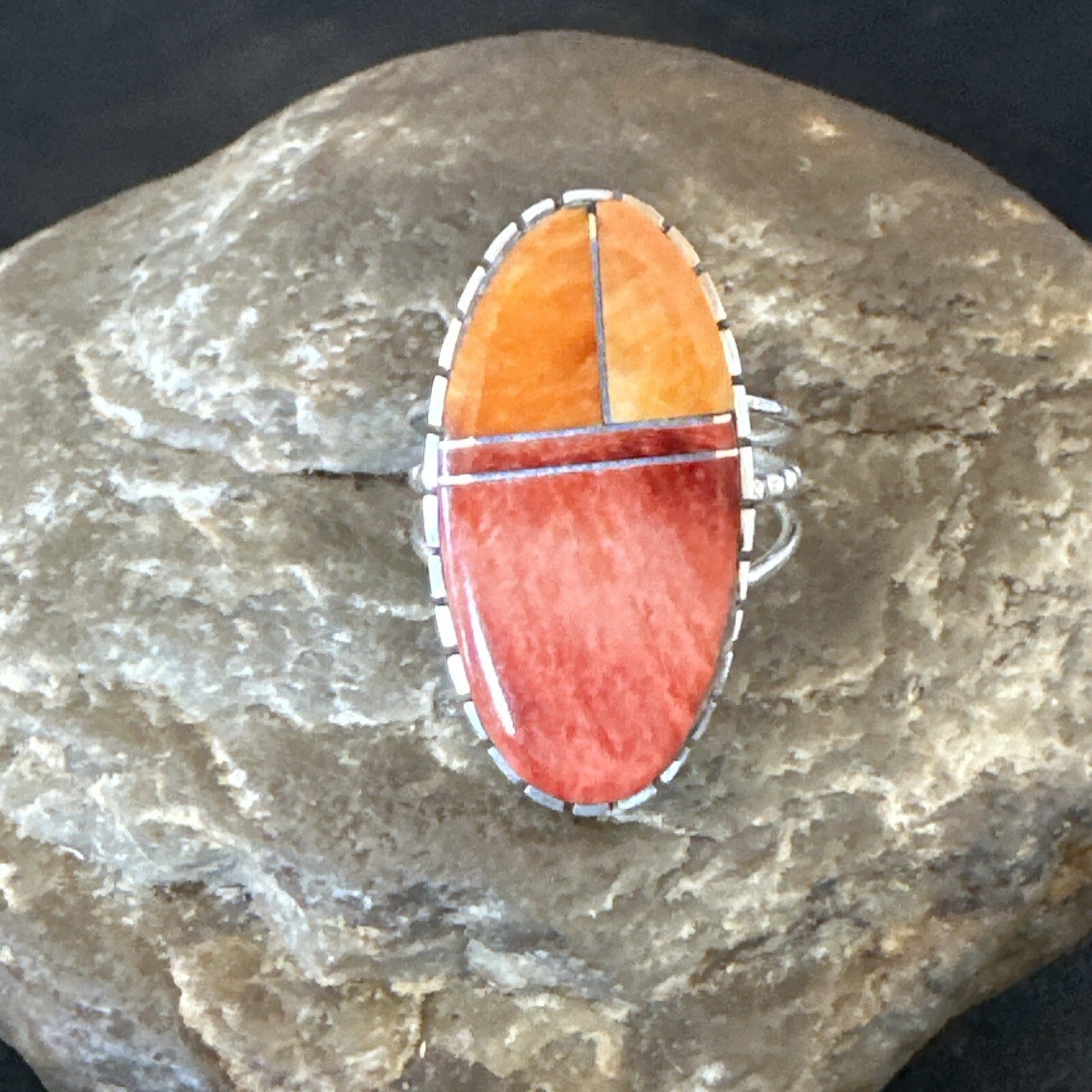 Women Orange Red Spiny Oyster Navajo Sterling Silver Ring Sz 8.5 17798
