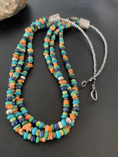 Multi-Color Green Turquoise Spiny Lapis Necklace Sterling Silver 01959