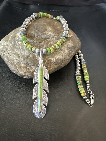 WoMens Green Gaspeite Turquoise Opal Leaf Pendant Sterling Silver Necklace 18665