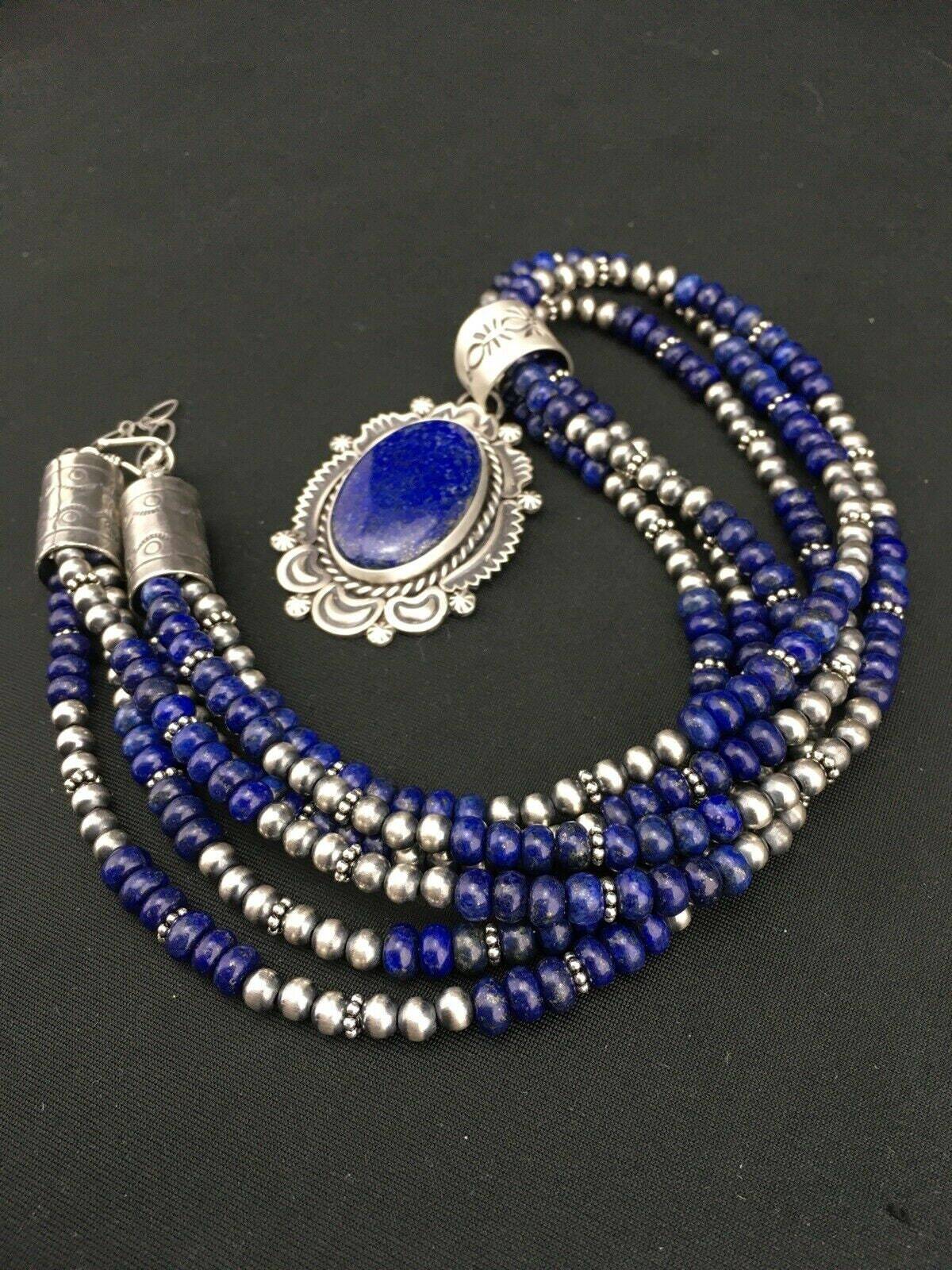 Native America Navajo Sterling Silver Lapis Lazuli Necklace Pendant 01273