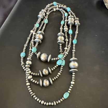 Native Navajo Sterling Silver Beads Blue Turquoise 72 in Necklace 19117
