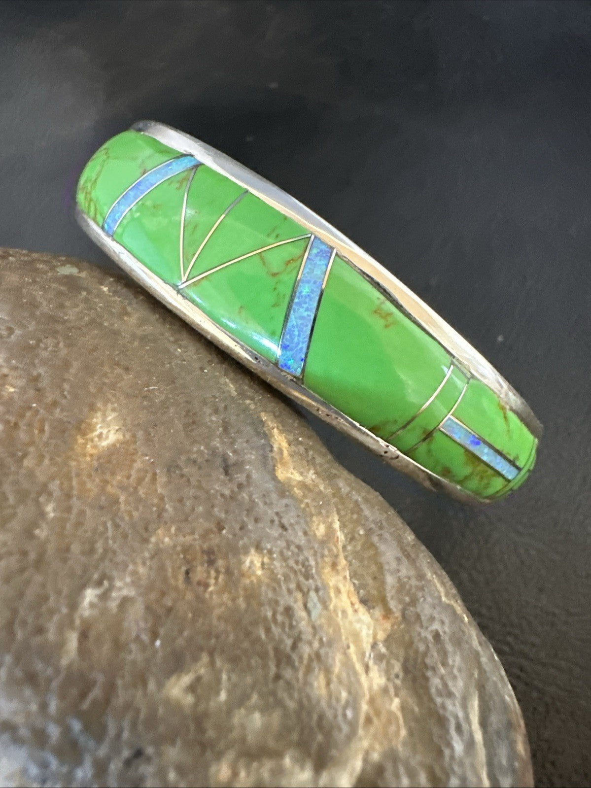 Womens Green Gaspeite Inlay Cuff Bracelet 7.05” Sterling Silver 19153