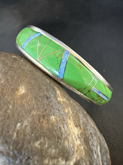 Womens Green Gaspeite Inlay Cuff Bracelet 7.05” Sterling Silver 19153