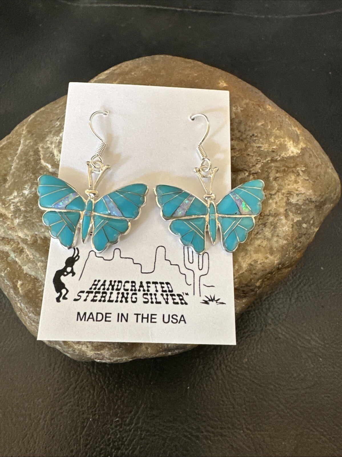 Butterfly Blue Turquoise Opal Inlay Sterling Silver Dangle Earrings 18554