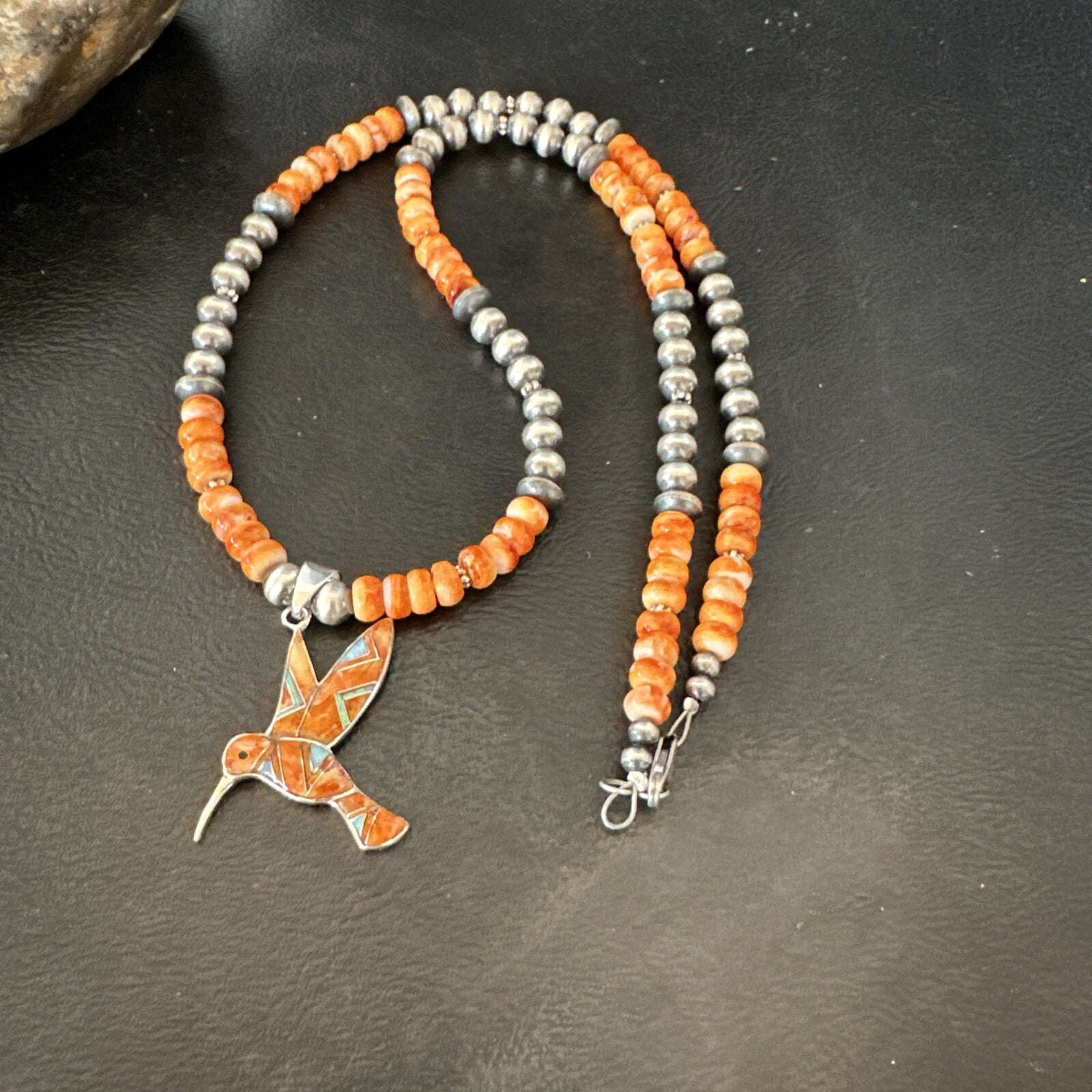 HummingBird Orange Spiny Oyster Opal Sterling Silver Necklace Pendant 18675