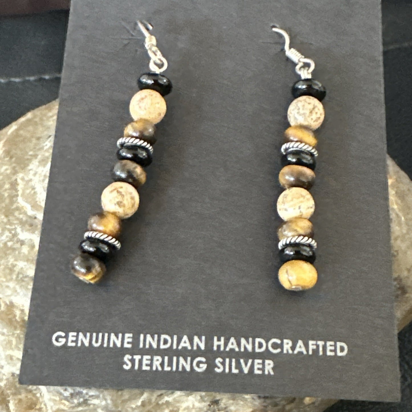 Navajo Sterling Silver Tigers Eye Picture Jasper Onyx Dangle Earrings 18721