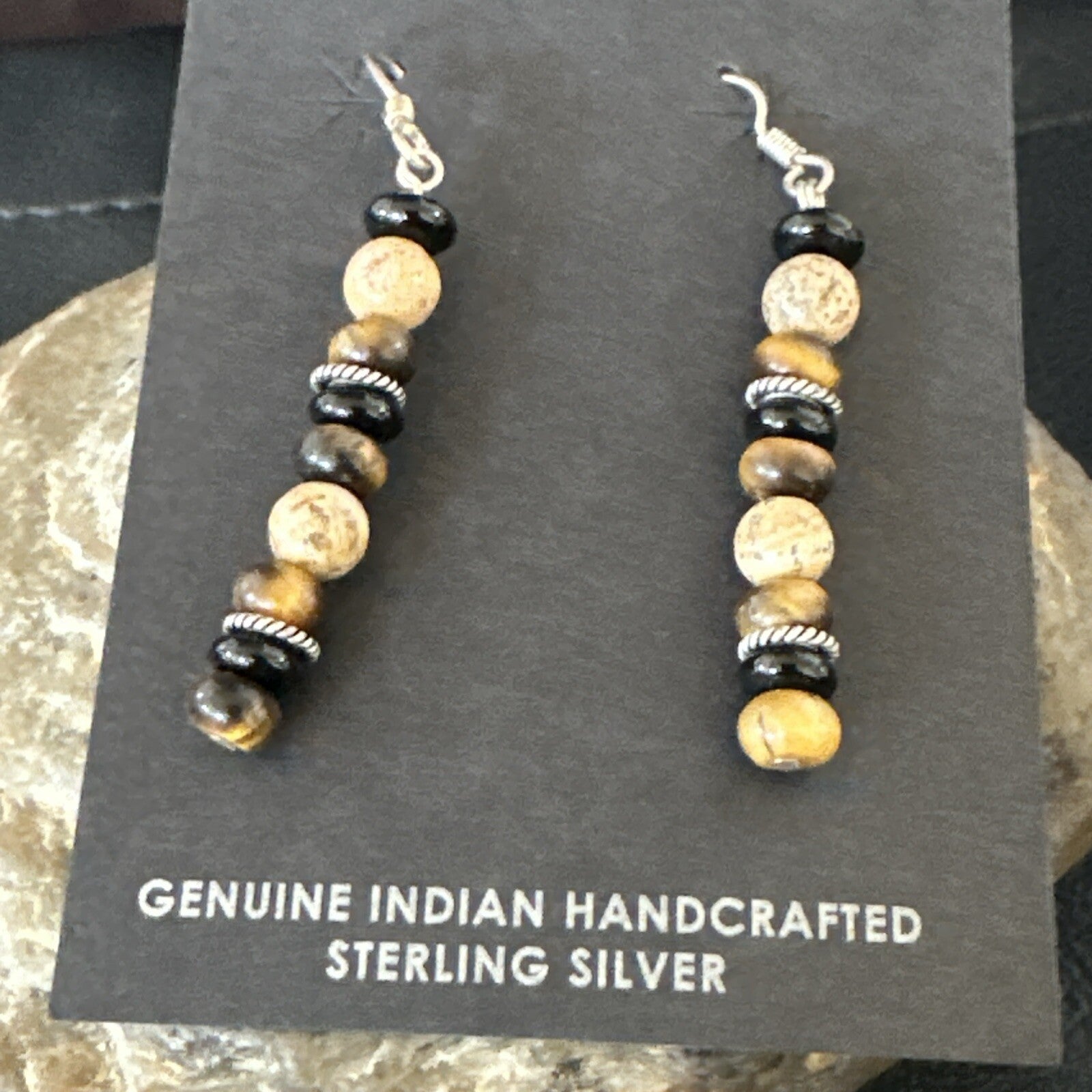 Navajo Sterling Silver Tigers Eye Picture Jasper Onyx Dangle Earrings 18721