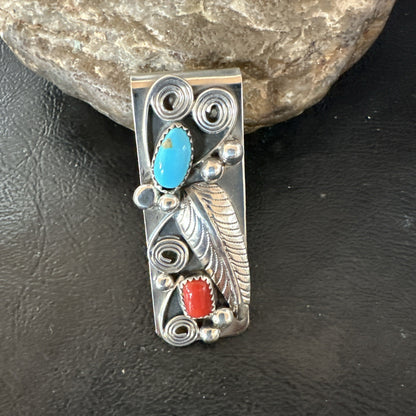Mens Women Blue Turquoise Coral Navajo Stainless Stamped Silver Money Clip 19735