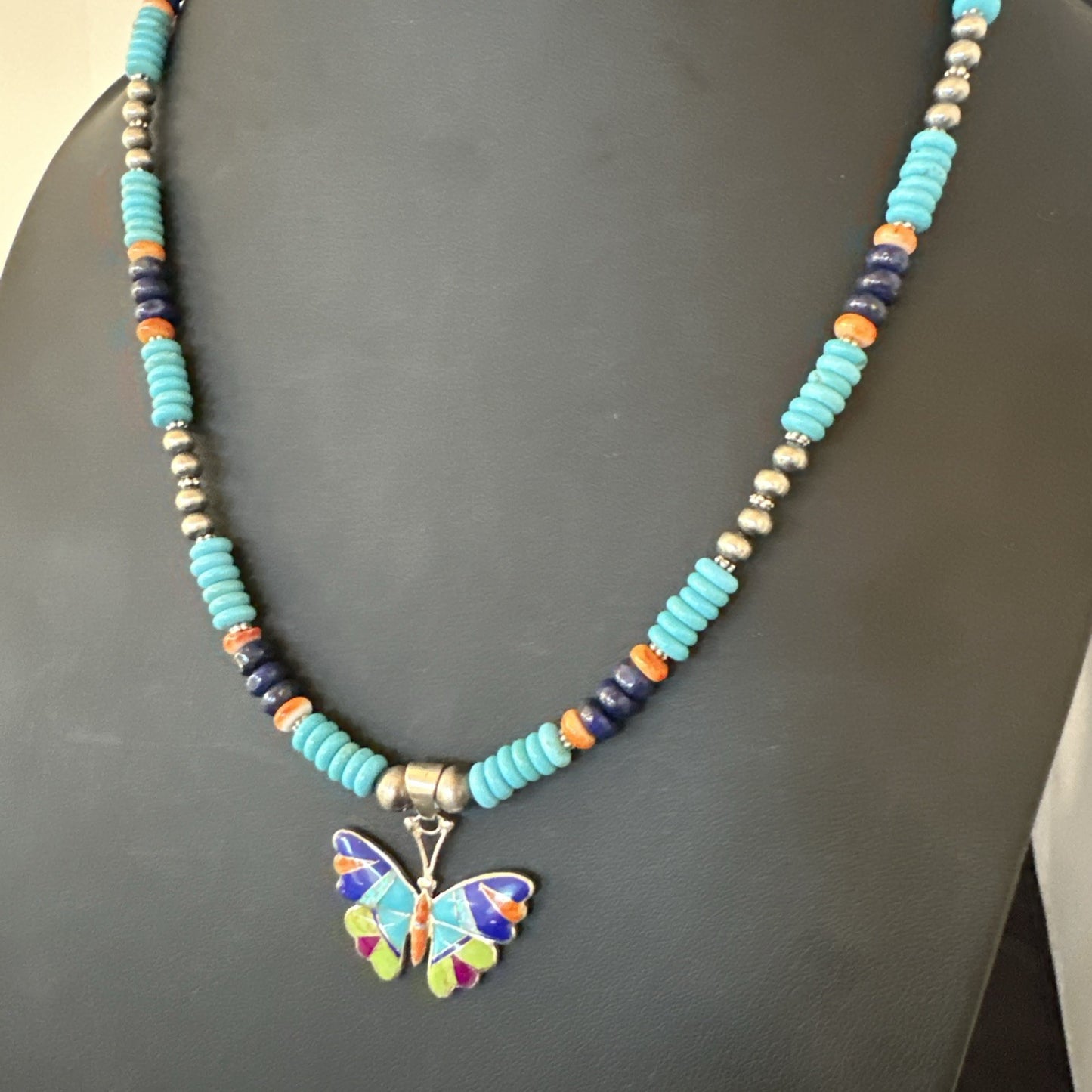 Butterfly Multicolor Turquoise Pendant Navajo Sterling Silver Necklace 19652