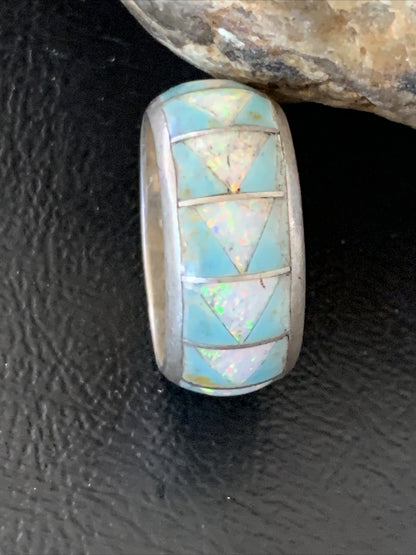 Mens Blue Turquoise & Opal Navajo Sterling Silver Inlay Ring Size 10 12571