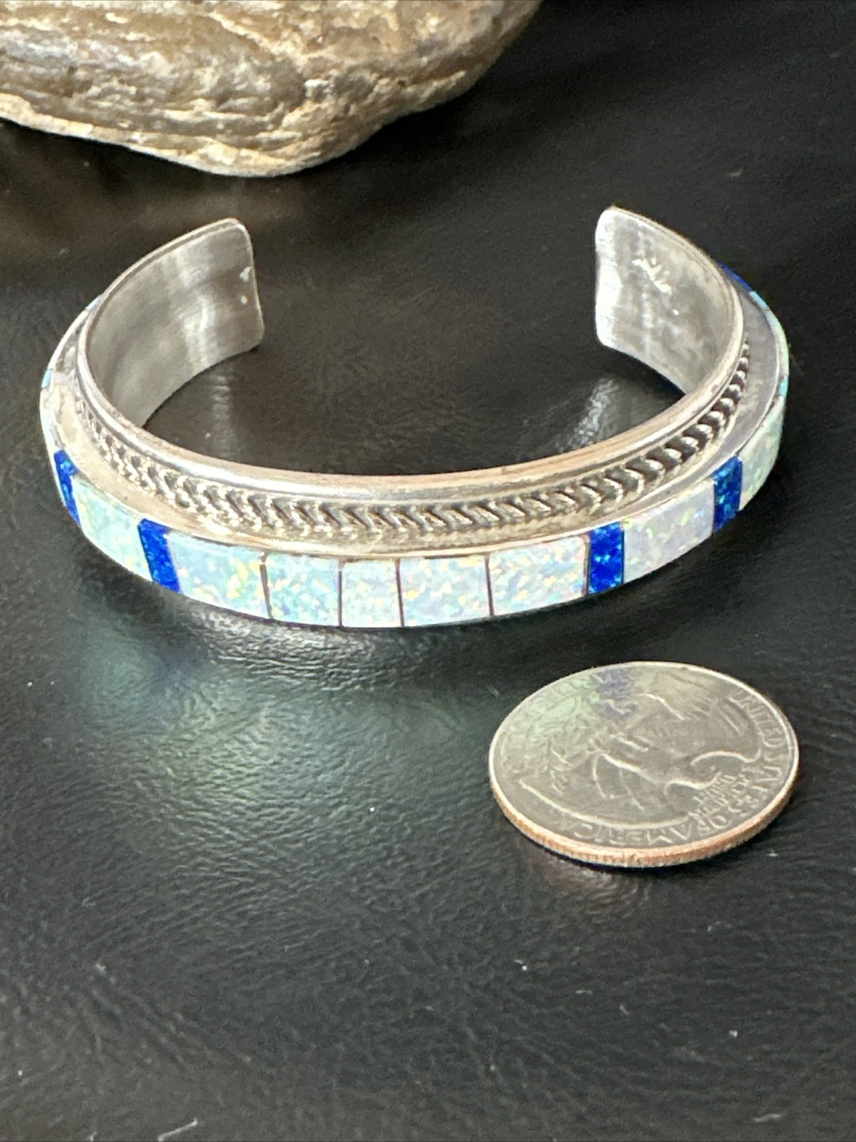 Blue Lapis Opal Zuni Sterling Silver Cuff Inlay Bracelet 17956