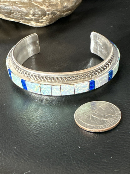 Blue Lapis Opal Zuni Sterling Silver Cuff Inlay Bracelet 17956