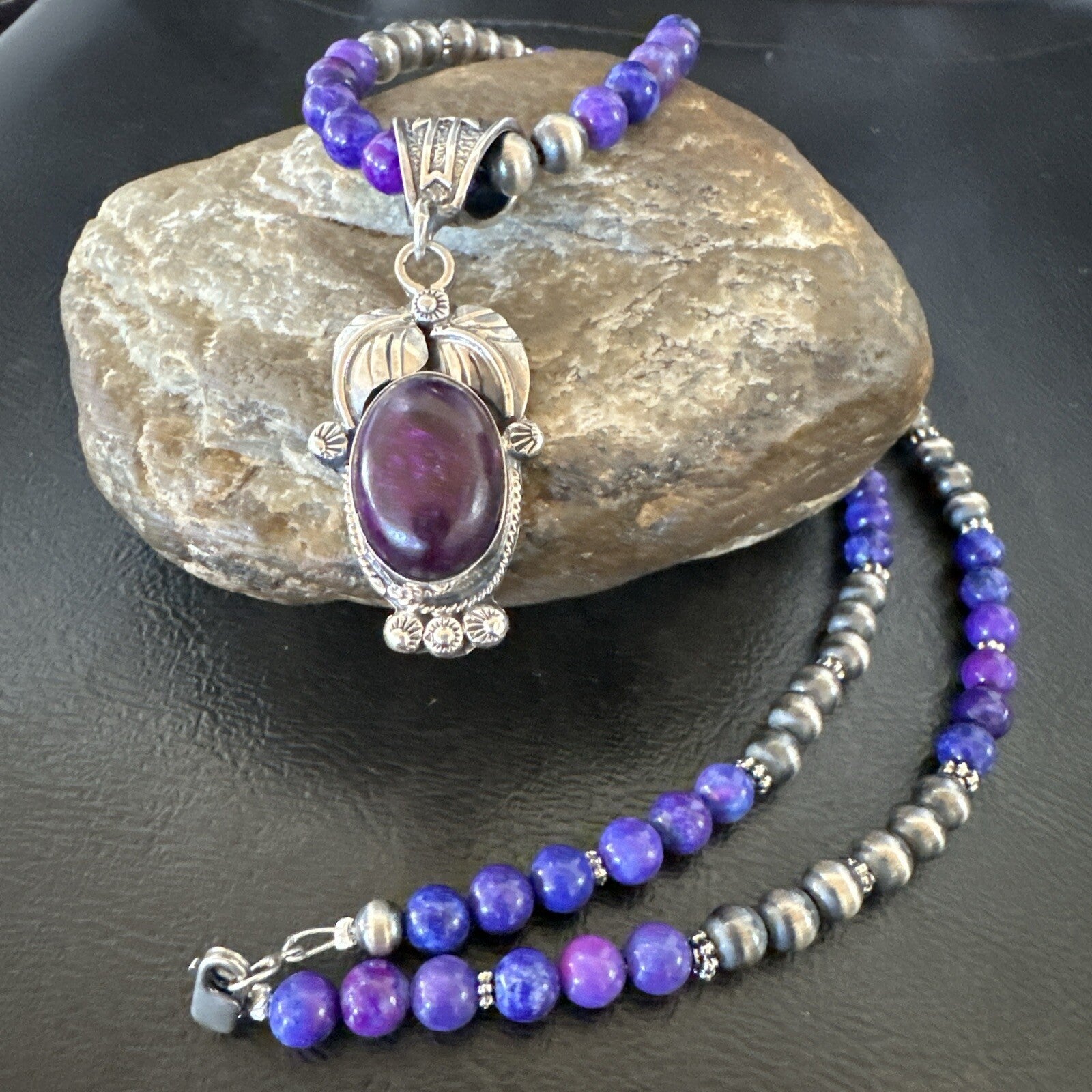 Purple Stone Pendant Navajo Pearls Sterling Silver Necklace 18387