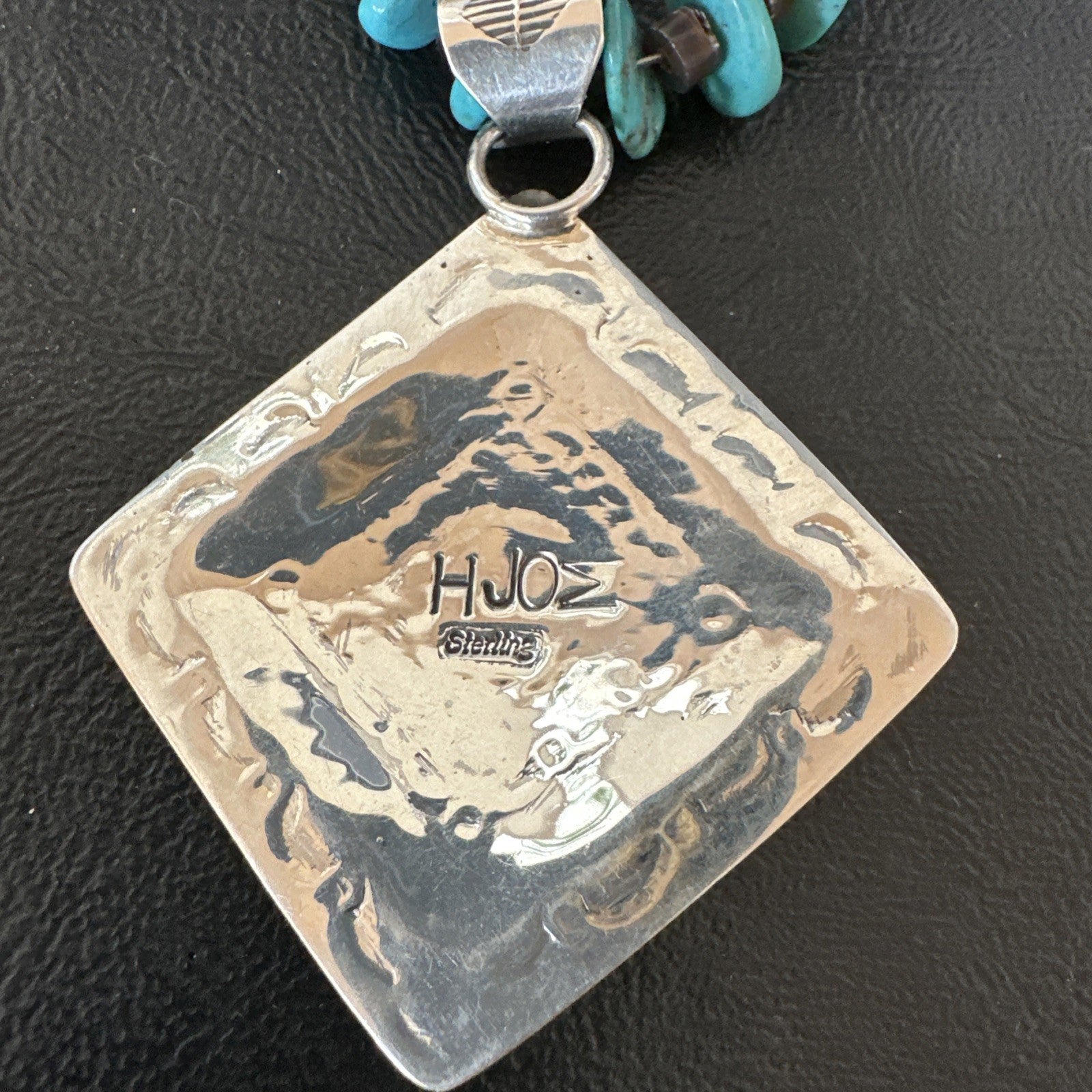 Navajo Blue Turquoise Stamped Pendant Shell Sterling Silver 25” Necklace 19707