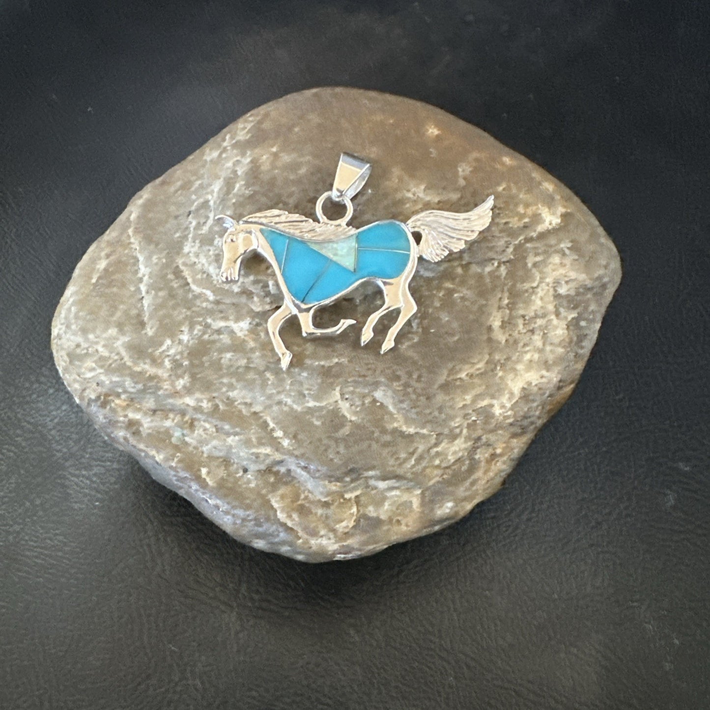 Horse Inlay Southwestern Cowboy Blue Turquoise Sterling Silver Pendant 2” 19160