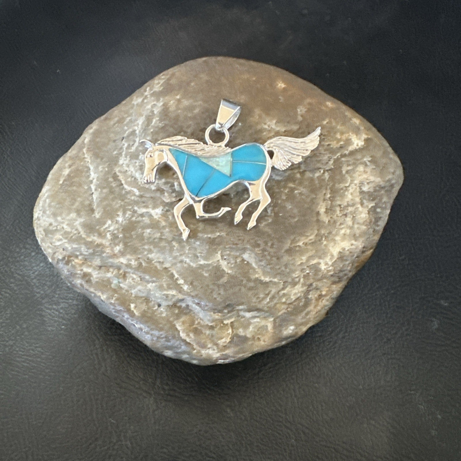 Horse Inlay Southwestern Cowboy Blue Turquoise Sterling Silver Pendant 2” 19160