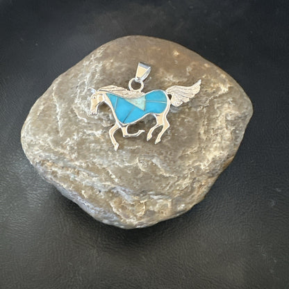 Horse Inlay Southwestern Cowboy Blue Turquoise Sterling Silver Pendant 2” 19160