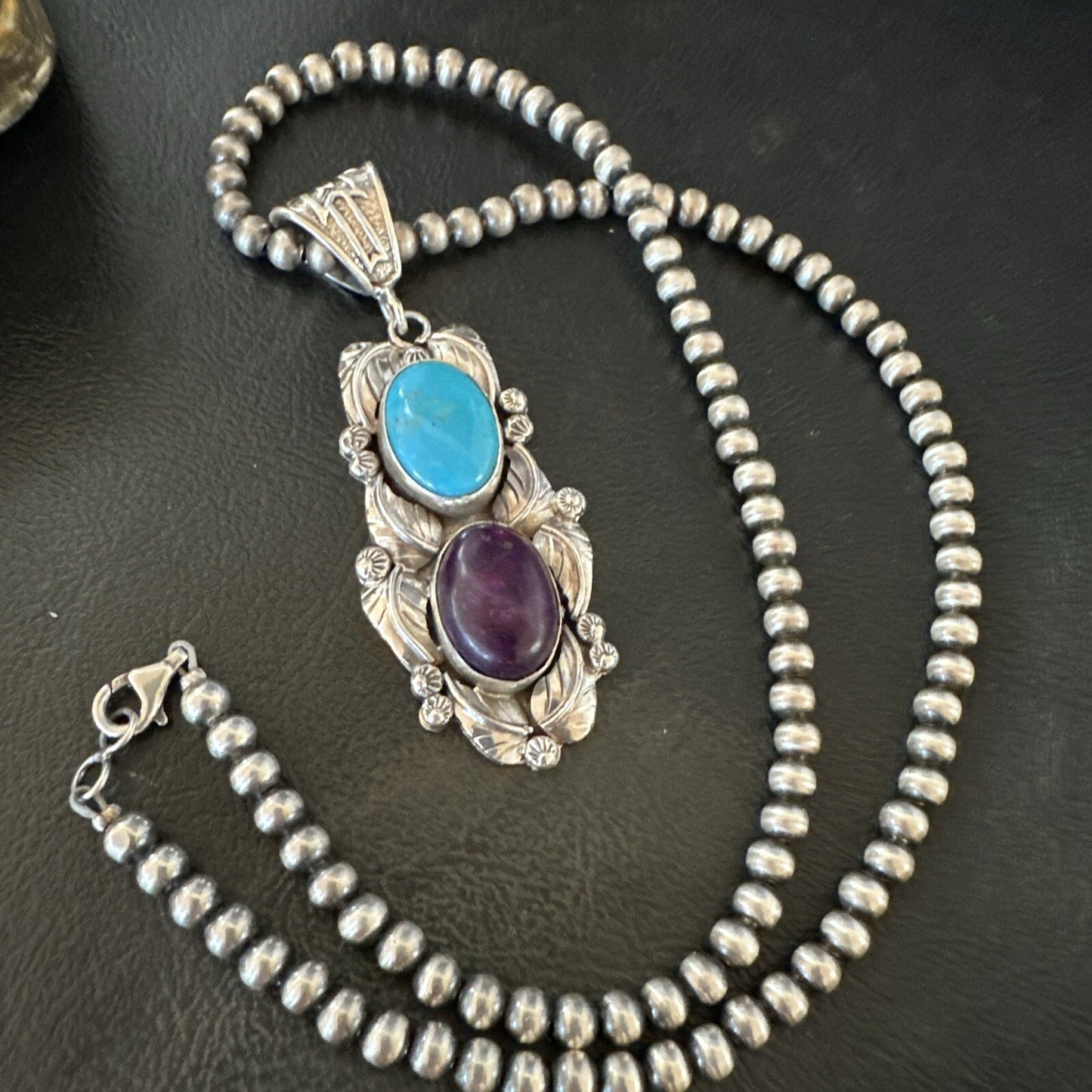 Blue Kingman Turquoise  Purple Stone Pendant Navajo Sterling Silver 18037