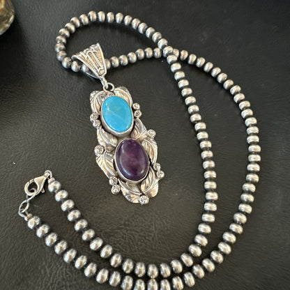 Blue Kingman Turquoise  Purple Stone Pendant Navajo Sterling Silver 18037