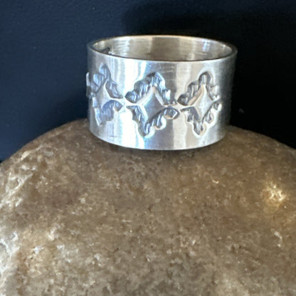 Mens Women Wedding Wide Band Navajo Stamped Sterling Silver Ring Size 9.5 17994