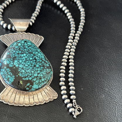 WoMens Blue Spiderweb Turquoise Pendant Navajo Sterling Silver Necklace 19299