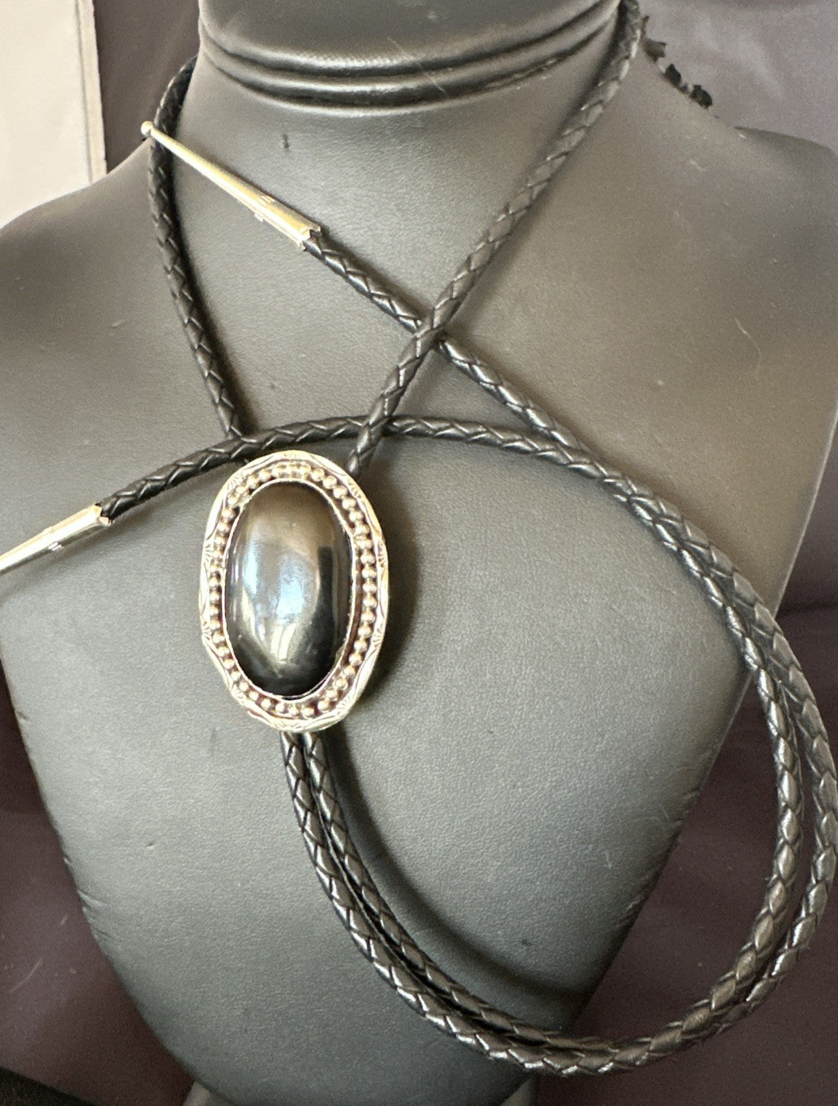 Mens Black Onyx Navajo Sterling Silver Bolo Tie 19053