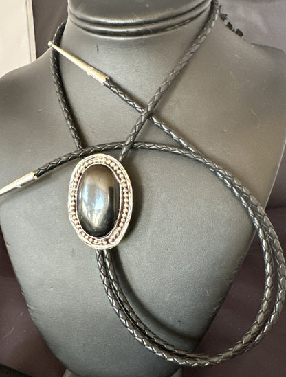 Mens Black Onyx Navajo Sterling Silver Bolo Tie 19053