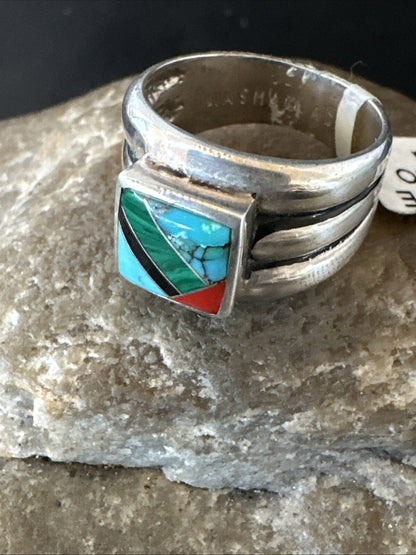 MultiColor Navajo Sterling Turquoise Spiny Oyster Inlay Ring Sz 6.5 18707