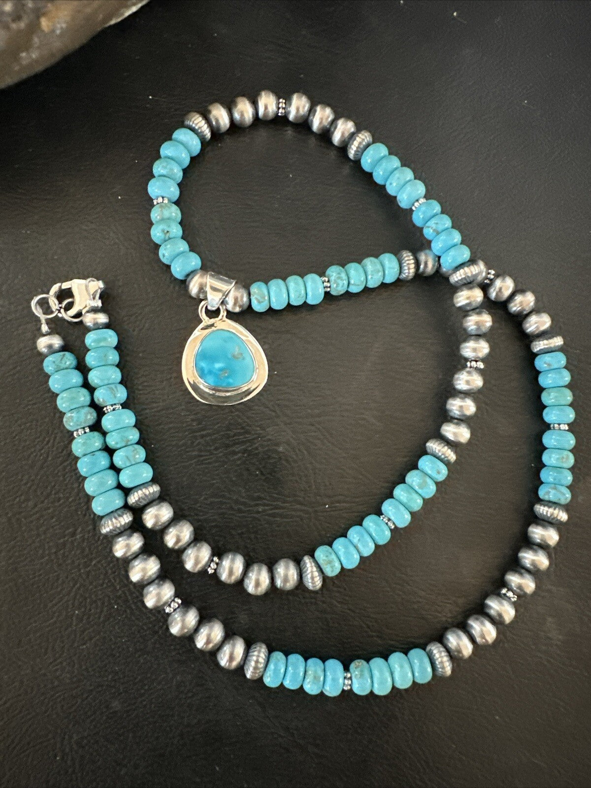 Mens Blue Kingman Turquoise Pendant Navajo Sterling Silver Necklace 21" 17901