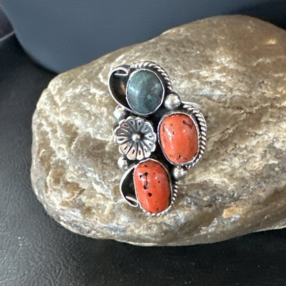 Multicolor Ring Turquoise Coral Spiny Navajo Sterling Silver Cluster 10.5 19195