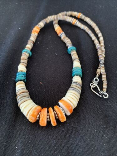 Navajo MultiColor Shell Necklace Sterling Silver Graduated 20" 927