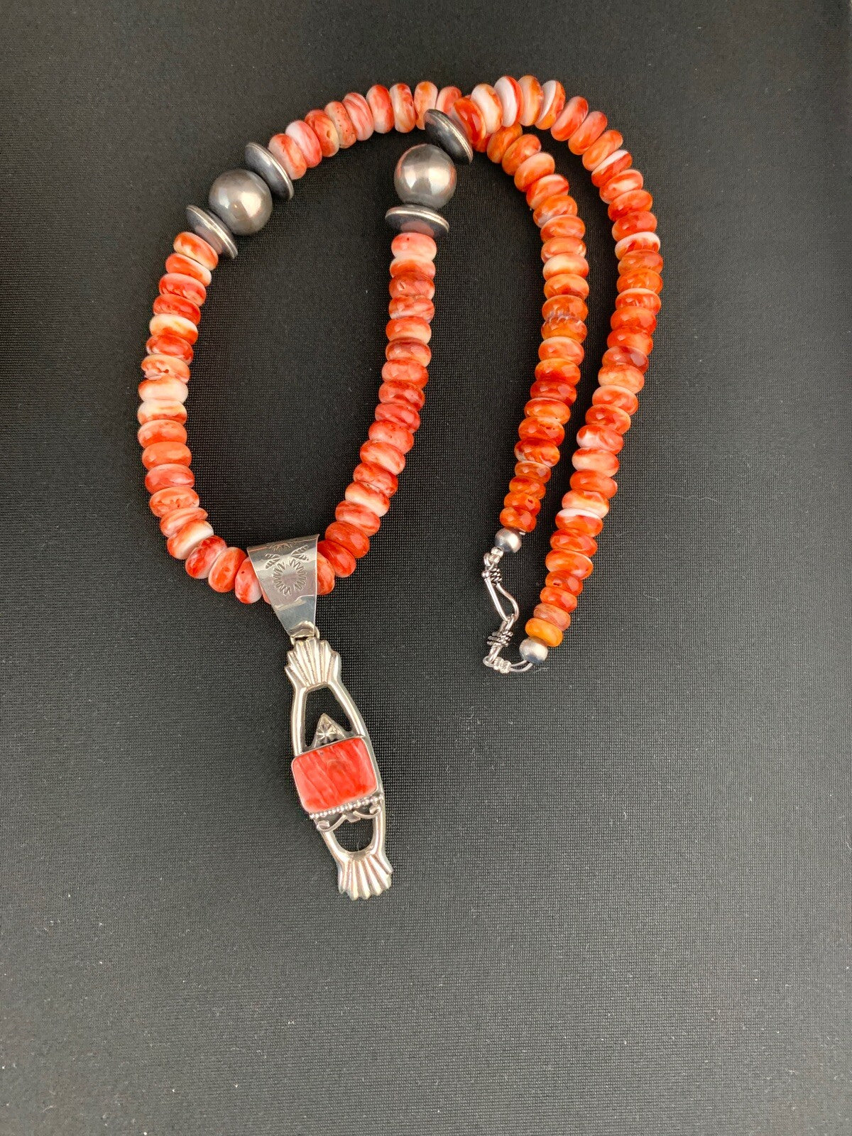 Native Mens Red Spiny Oyster Pendant Navajo Sterling Silver Necklace 04782